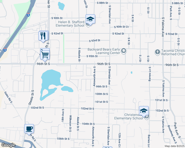 map of restaurants, bars, coffee shops, grocery stores, and more near 9711-9713 16th Avenue South in Tacoma