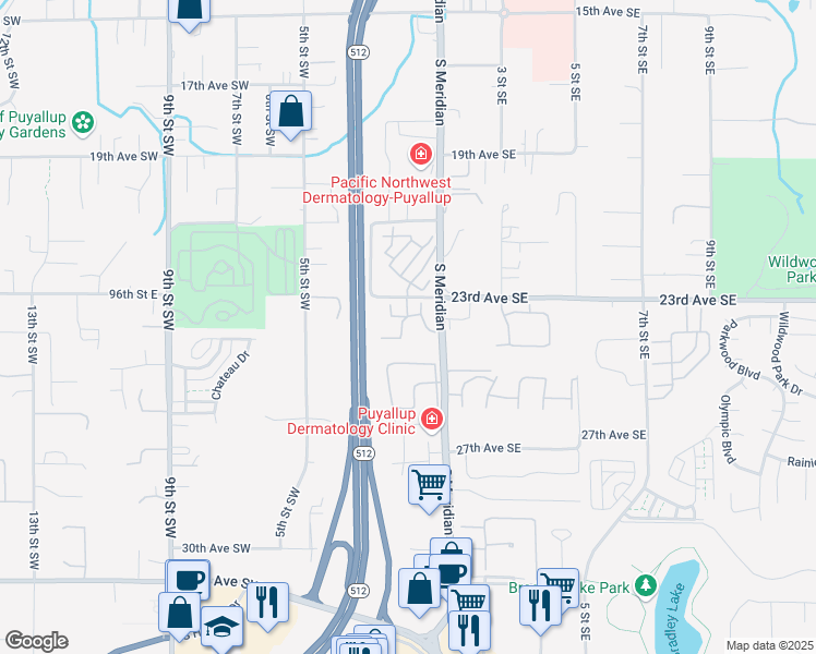 map of restaurants, bars, coffee shops, grocery stores, and more near 102 23rd Avenue Southwest in Puyallup