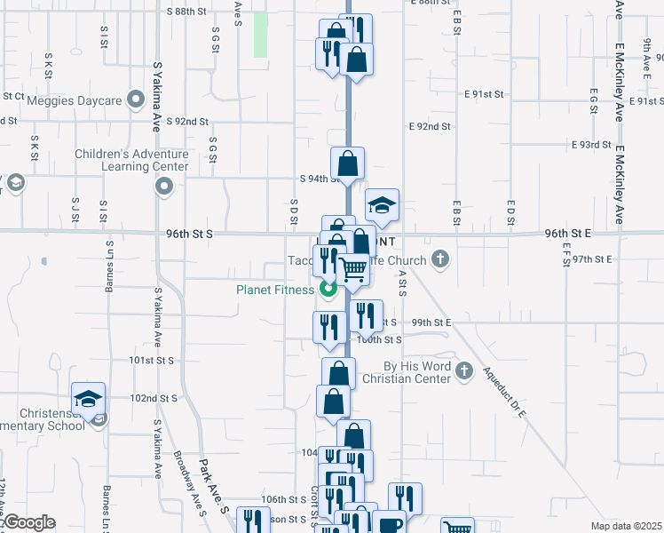 map of restaurants, bars, coffee shops, grocery stores, and more near 9618 Pacific Avenue South in Tacoma
