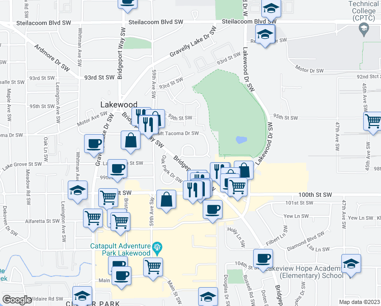 map of restaurants, bars, coffee shops, grocery stores, and more near 5613 Seeley Lake Drive Southwest in Lakewood