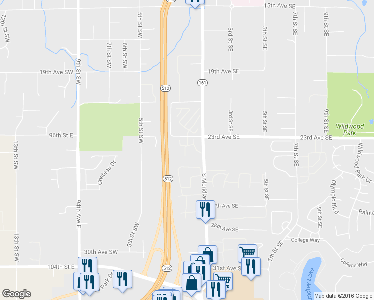 map of restaurants, bars, coffee shops, grocery stores, and more near 102 23rd Avenue Southwest in Puyallup