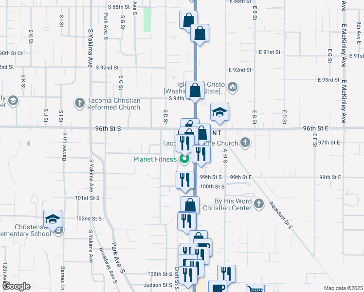 map of restaurants, bars, coffee shops, grocery stores, and more near 9618 Pacific Avenue in Tacoma