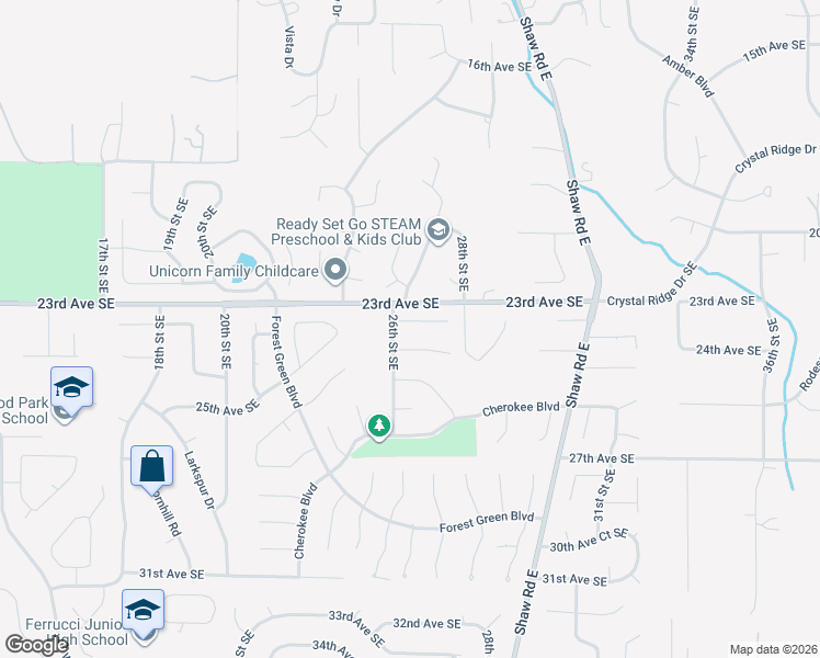 map of restaurants, bars, coffee shops, grocery stores, and more near 2604 24th Avenue Court Southeast in Puyallup