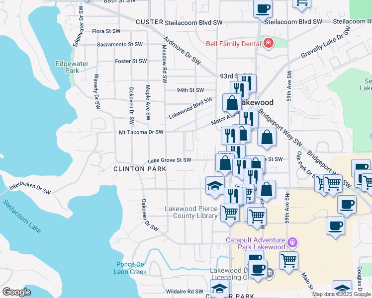 map of restaurants, bars, coffee shops, grocery stores, and more near 25 Oak Lane Southwest in Lakewood