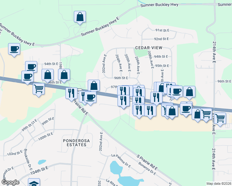 map of restaurants, bars, coffee shops, grocery stores, and more near 9706 203rd Avenue Court East in Bonney Lake