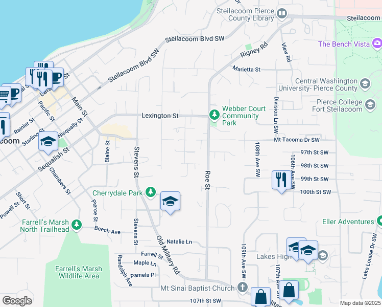 map of restaurants, bars, coffee shops, grocery stores, and more near 723 Shannon Street in Steilacoom