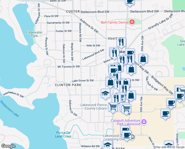 map of restaurants, bars, coffee shops, grocery stores, and more near 25 Oak Lane Southwest in Lakewood