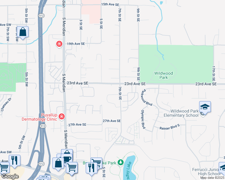 map of restaurants, bars, coffee shops, grocery stores, and more near 516 23rd Avenue Southeast in Puyallup
