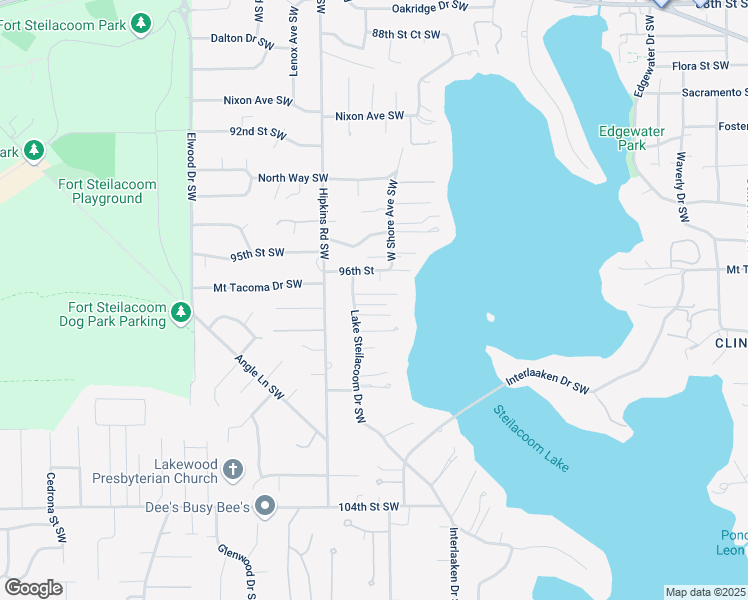 map of restaurants, bars, coffee shops, grocery stores, and more near 9703 Lake Steilacoom Drive Southwest in Tacoma
