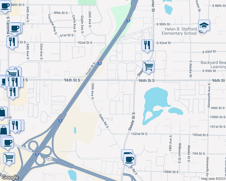 map of restaurants, bars, coffee shops, grocery stores, and more near 2426 South 96th Street in Tacoma