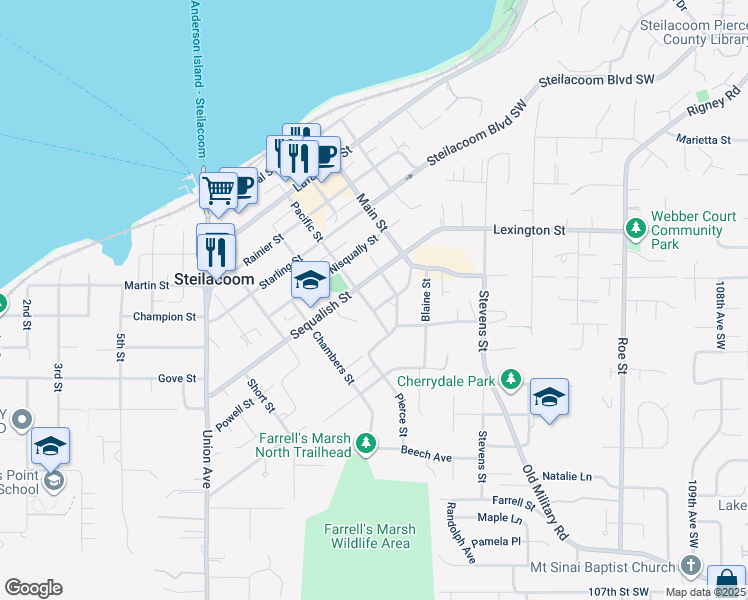 map of restaurants, bars, coffee shops, grocery stores, and more near 610 Pacific Street in Steilacoom
