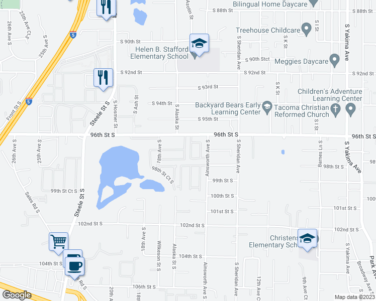 map of restaurants, bars, coffee shops, grocery stores, and more near 9622 16th Avenue Court South in Tacoma