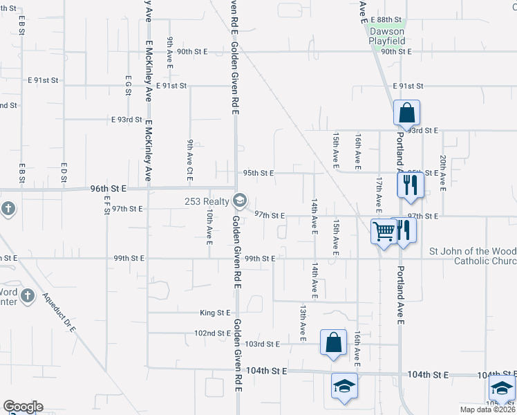 map of restaurants, bars, coffee shops, grocery stores, and more near 1169 97th Street East in Tacoma