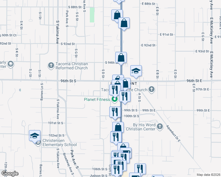 map of restaurants, bars, coffee shops, grocery stores, and more near 9711 Croft Street South in Tacoma