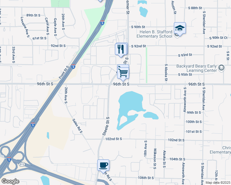 map of restaurants, bars, coffee shops, grocery stores, and more near 2102 South 96th Street in Tacoma
