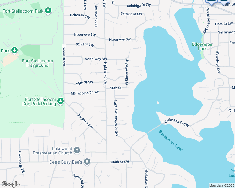 map of restaurants, bars, coffee shops, grocery stores, and more near 9703 Lake Steilacoom Drive Southwest in Tacoma