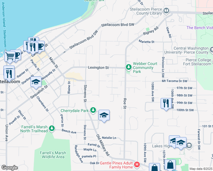 map of restaurants, bars, coffee shops, grocery stores, and more near 717 Shannon Street in Steilacoom