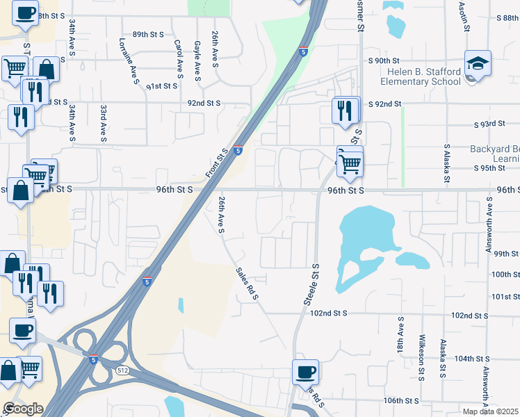 map of restaurants, bars, coffee shops, grocery stores, and more near 2426 South 96th Street in Tacoma
