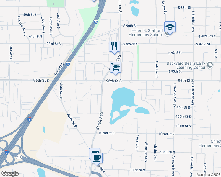 map of restaurants, bars, coffee shops, grocery stores, and more near 2102 South 96th Street in Tacoma