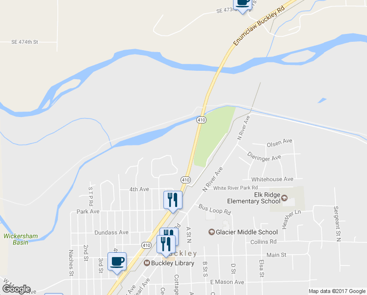 map of restaurants, bars, coffee shops, grocery stores, and more near 451 Washington 410 in Buckley