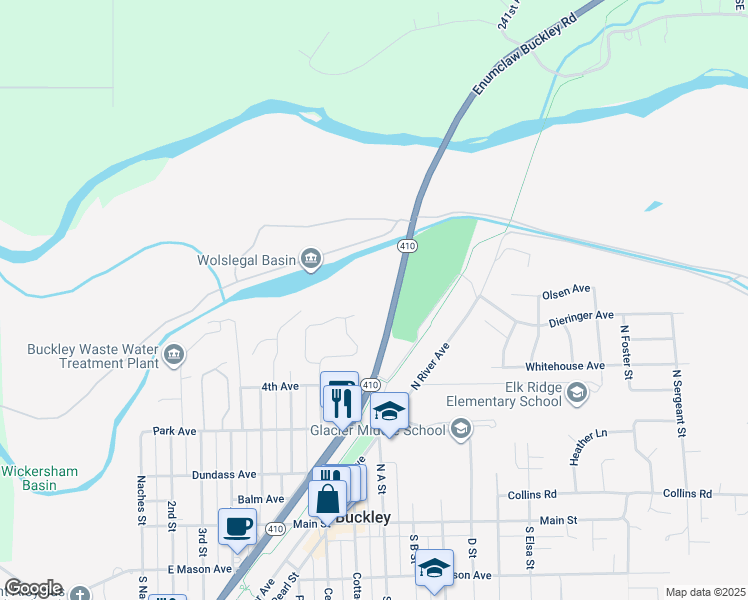 map of restaurants, bars, coffee shops, grocery stores, and more near 451 Washington 410 in Buckley