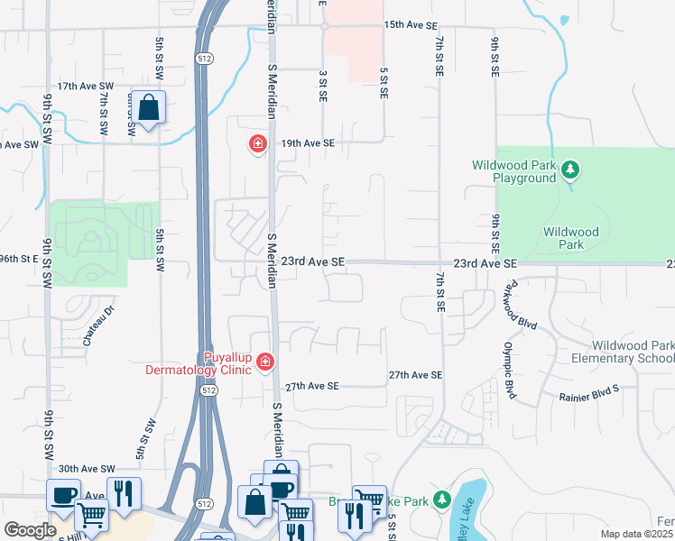 map of restaurants, bars, coffee shops, grocery stores, and more near 404 23rd Avenue Southeast in Puyallup