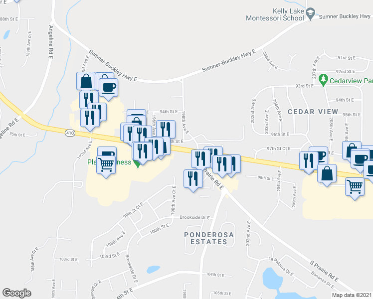 map of restaurants, bars, coffee shops, grocery stores, and more near 410 in Bonney Lake