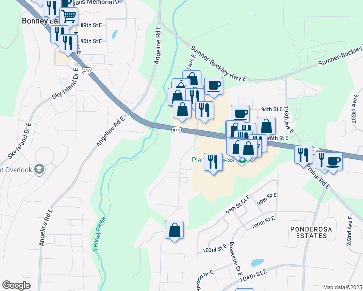 map of restaurants, bars, coffee shops, grocery stores, and more near 9609 192nd Avenue East in Bonney Lake