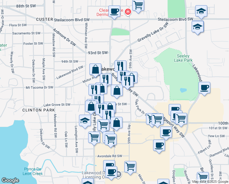 map of restaurants, bars, coffee shops, grocery stores, and more near 6019 Lake Grove Street Southwest in Lakewood