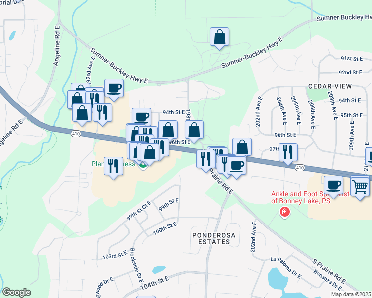 map of restaurants, bars, coffee shops, grocery stores, and more near Washington 410 in Bonney Lake