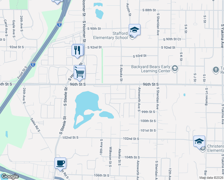map of restaurants, bars, coffee shops, grocery stores, and more near 1653-1699 97th Street Court South in Tacoma
