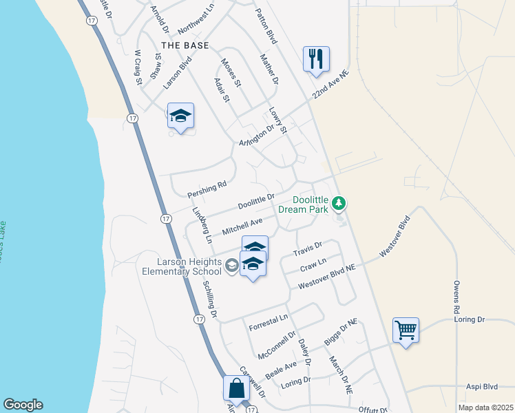 map of restaurants, bars, coffee shops, grocery stores, and more near 1208 Doolittle Drive in Moses Lake