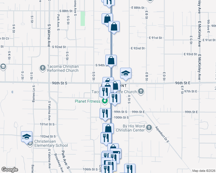 map of restaurants, bars, coffee shops, grocery stores, and more near 9602 Pacific Avenue in Tacoma