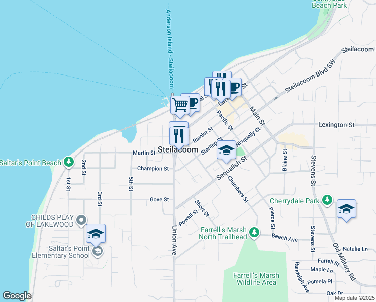 map of restaurants, bars, coffee shops, grocery stores, and more near 1214 Rainier Street in Steilacoom