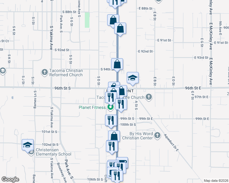 map of restaurants, bars, coffee shops, grocery stores, and more near 9602 Pacific Avenue in Tacoma