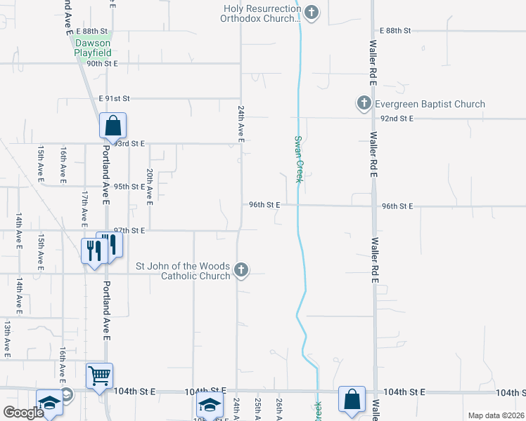 map of restaurants, bars, coffee shops, grocery stores, and more near 2503 96th Street East in Tacoma