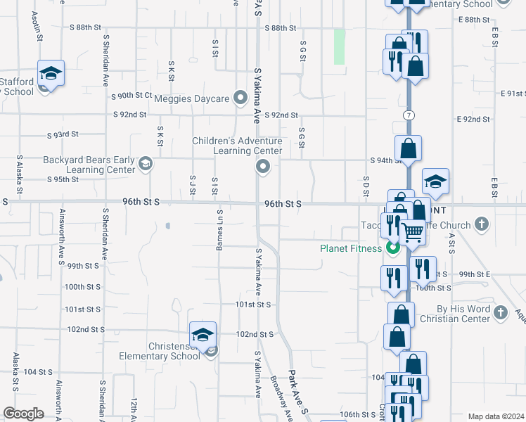 map of restaurants, bars, coffee shops, grocery stores, and more near 803 96th Street South in Tacoma