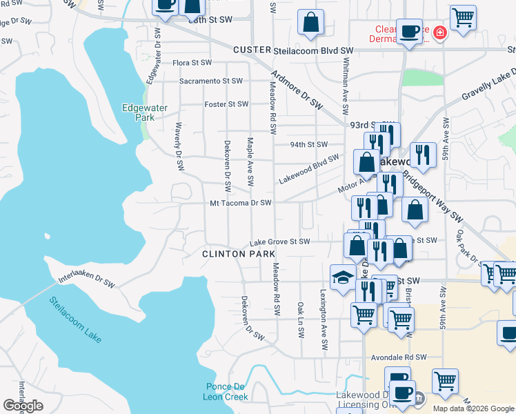 map of restaurants, bars, coffee shops, grocery stores, and more near 9523 Maple Avenue Southwest in Tacoma