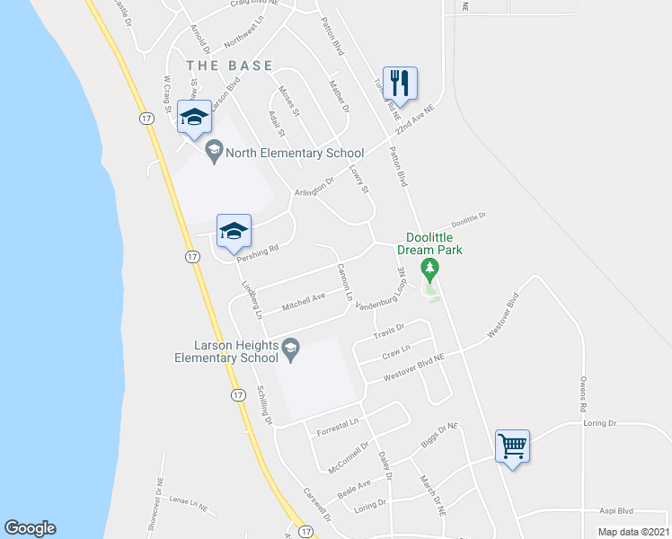 map of restaurants, bars, coffee shops, grocery stores, and more near 1201 Doolittle Drive in Moses Lake