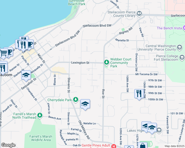map of restaurants, bars, coffee shops, grocery stores, and more near 717 Shannon Street in Steilacoom