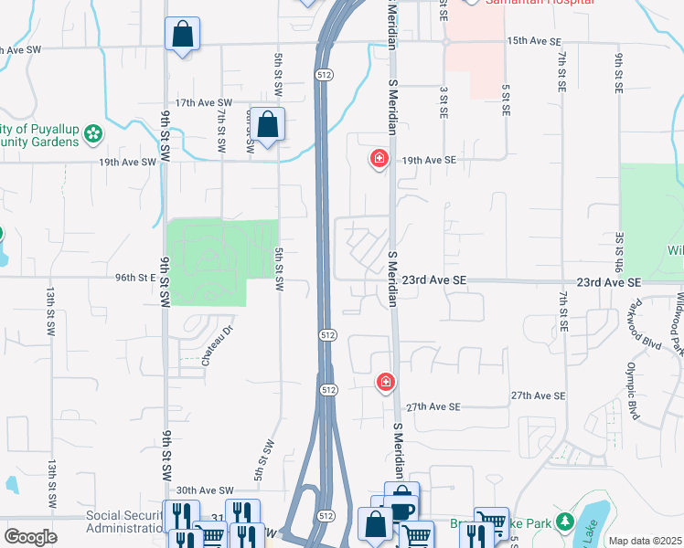 map of restaurants, bars, coffee shops, grocery stores, and more near 215 23rd Avenue Southwest in Puyallup