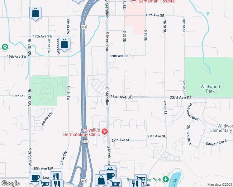 map of restaurants, bars, coffee shops, grocery stores, and more near 131 23rd Avenue Southeast in Puyallup