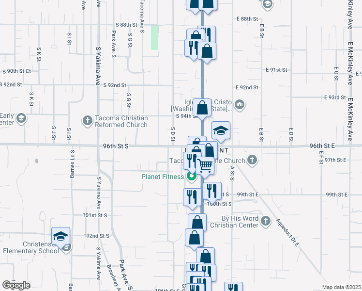 map of restaurants, bars, coffee shops, grocery stores, and more near 231 South 96th Street in Tacoma