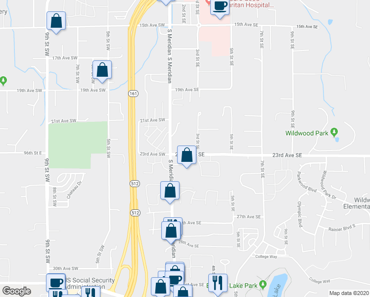 map of restaurants, bars, coffee shops, grocery stores, and more near 131 23rd Avenue Southeast in Puyallup