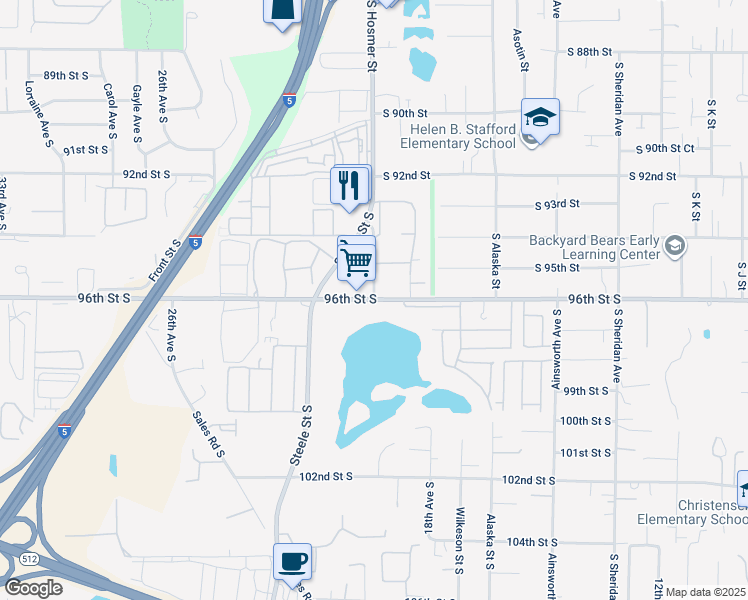 map of restaurants, bars, coffee shops, grocery stores, and more near 96th St S & S Hosmer St in Tacoma