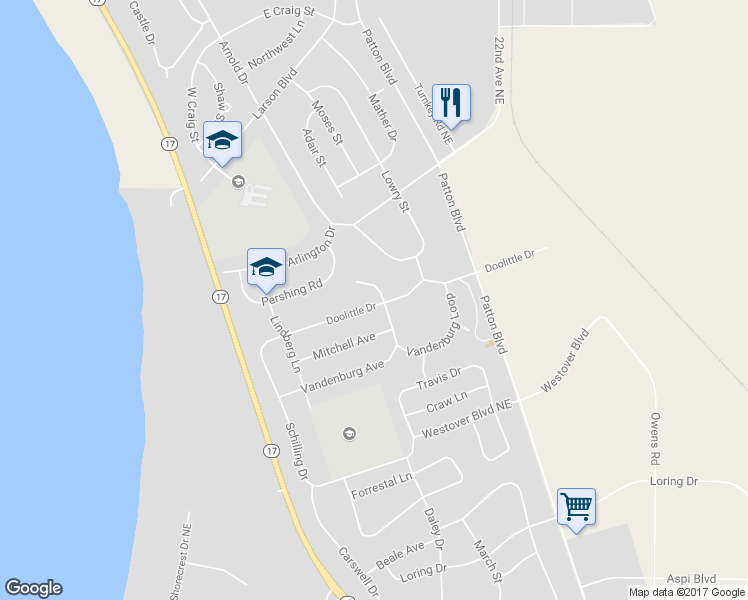 map of restaurants, bars, coffee shops, grocery stores, and more near 1201 Doolittle Drive in Moses Lake