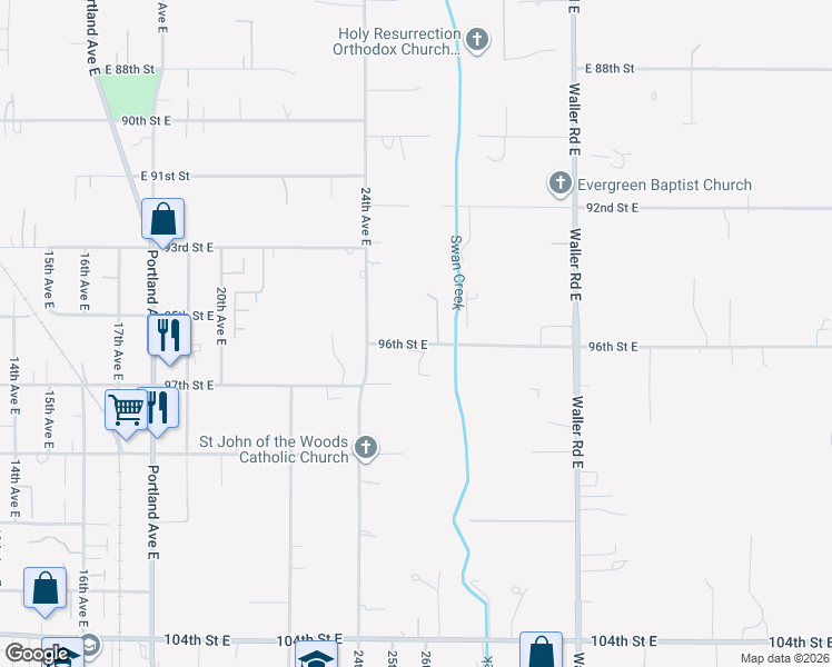 map of restaurants, bars, coffee shops, grocery stores, and more near 2503 96th Street East in Tacoma