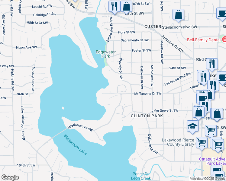 map of restaurants, bars, coffee shops, grocery stores, and more near 7105 Holly Hedge Lane Southwest in Tacoma