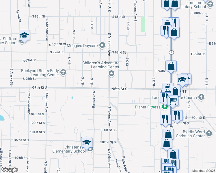 map of restaurants, bars, coffee shops, grocery stores, and more near 803 96th Street South in Tacoma