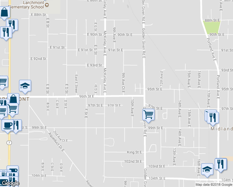 map of restaurants, bars, coffee shops, grocery stores, and more near 901 96th Street East in Tacoma